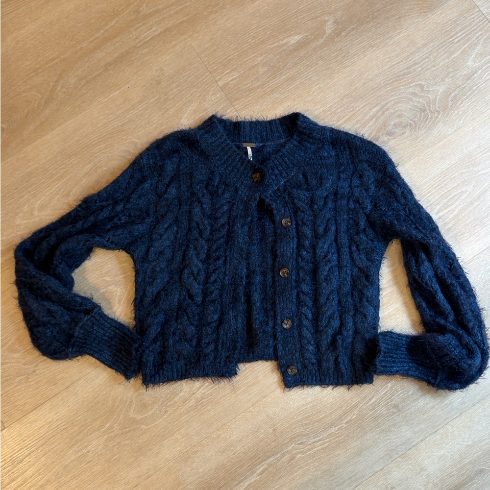 Free People Dark Blue Cable Knit Cardigan